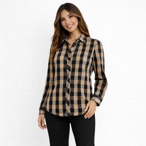 Foxcroft Black and Tan Plaid Button-Down Shirt